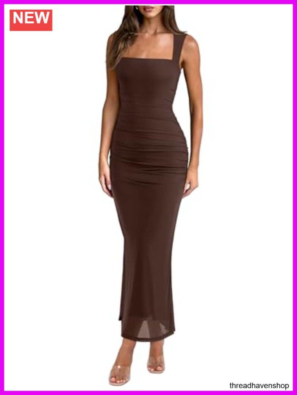 Sleeveless Square Neck Sheer Mesh Ruched Bodycon Maxi Dress